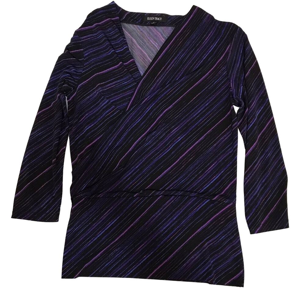Ellen Tracy V-neck Purple black long sleeve blouse size Small